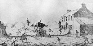 First fatal automobile accident. 19th century artwork of the explosion of a steam stagecoach in Paisley, Scotland, on 29 July 1834. One of the wheels collapsed, rupturing the boiler which exploded, killing 5 people. (BMWFanatics)